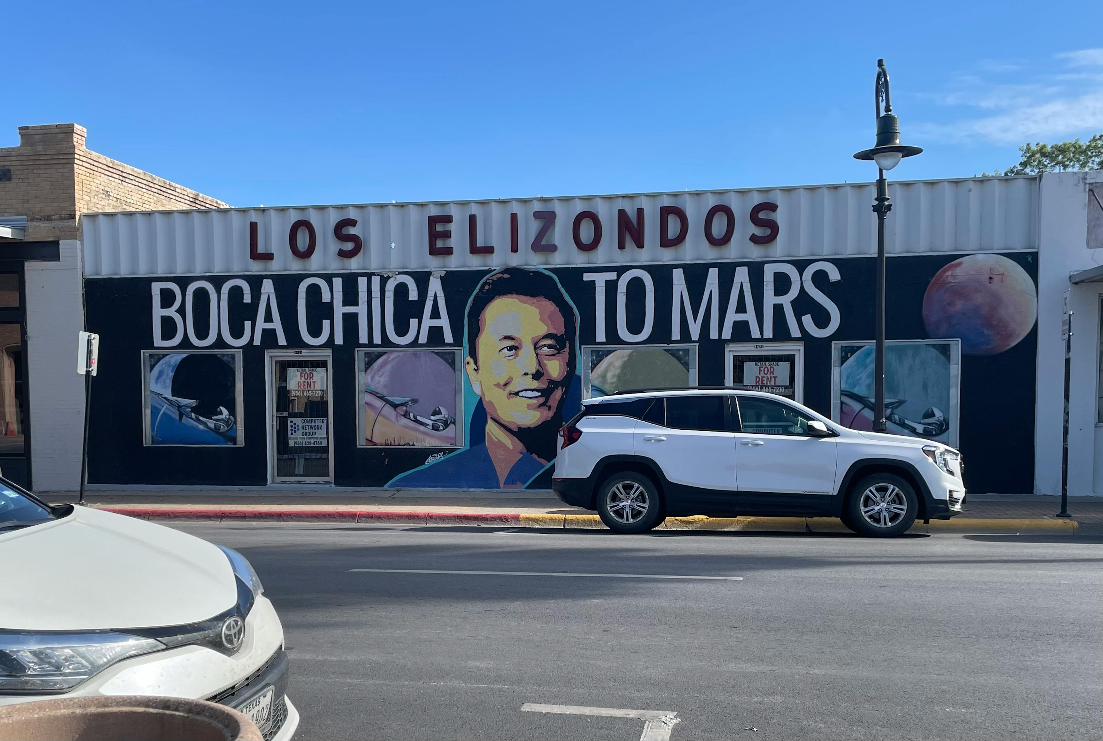 A mural of Elon Musk in downtown Brownsville, Texas.