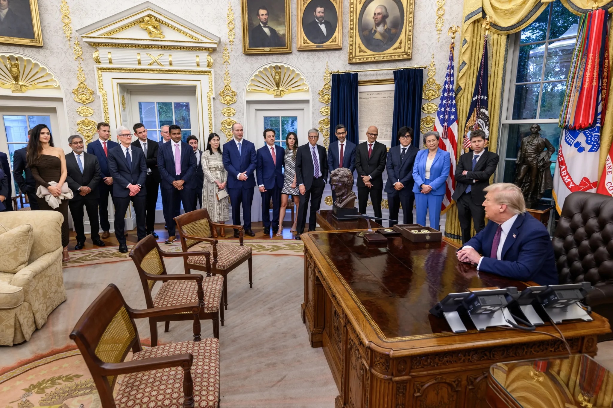 President Trump hosts tech executives and their guests to a dinner at the White House in the Oval Office. 