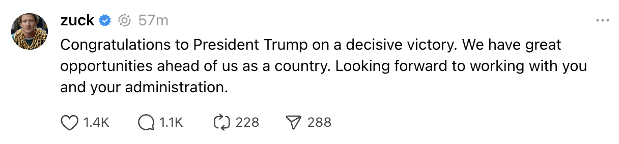Mark Zuckerberg congratulates Donald Trump