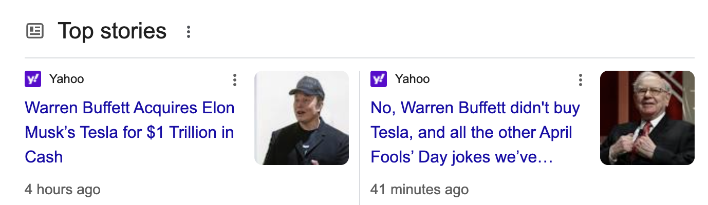 Yahoo News stories about Buffett and Elon Musk