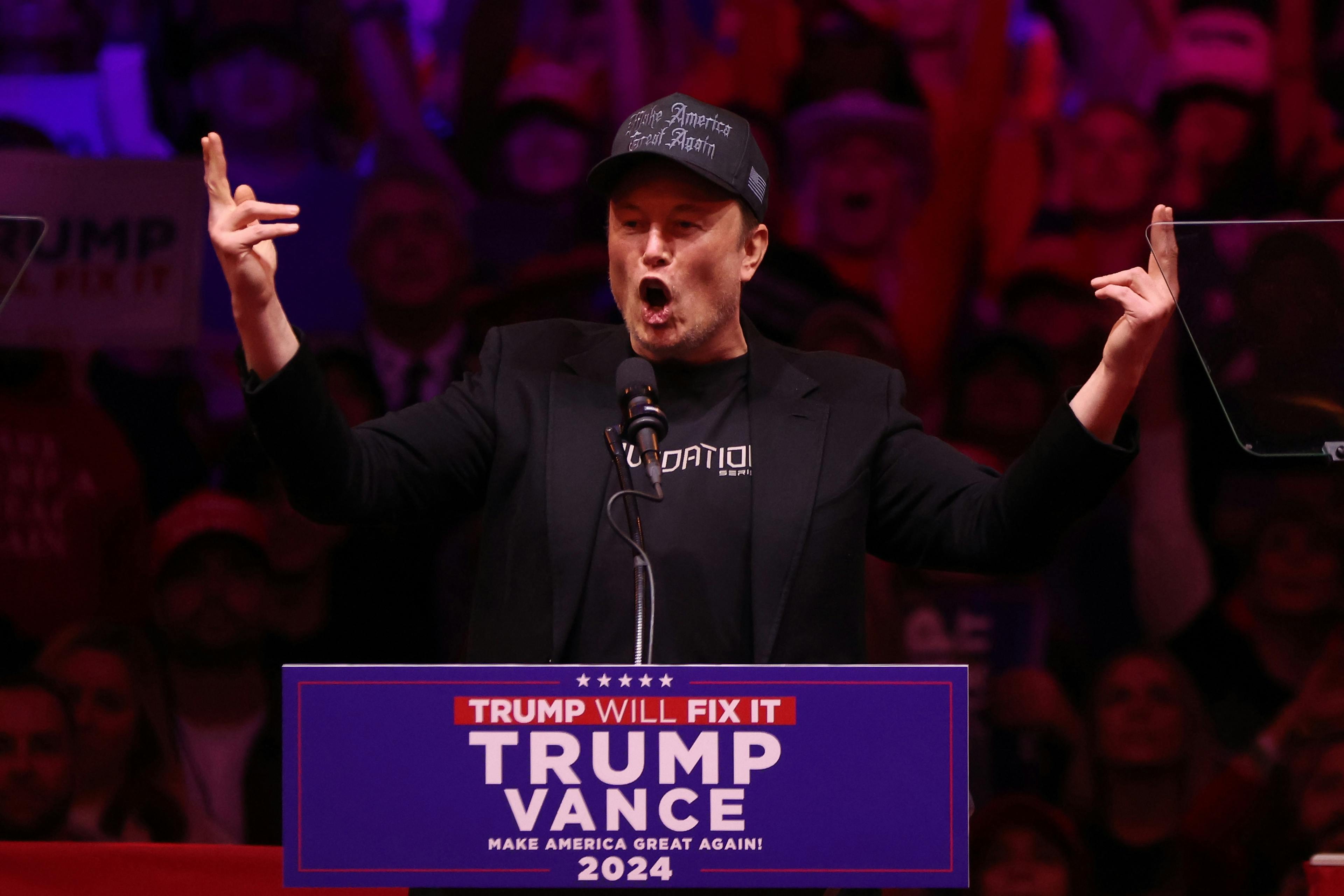 Elon Musk, businessman, speaks during a rally held for former US President and Republican presidential candidate Donald Trump, at Madison Square Garden in New York, New York, USA, 27 October 2024.