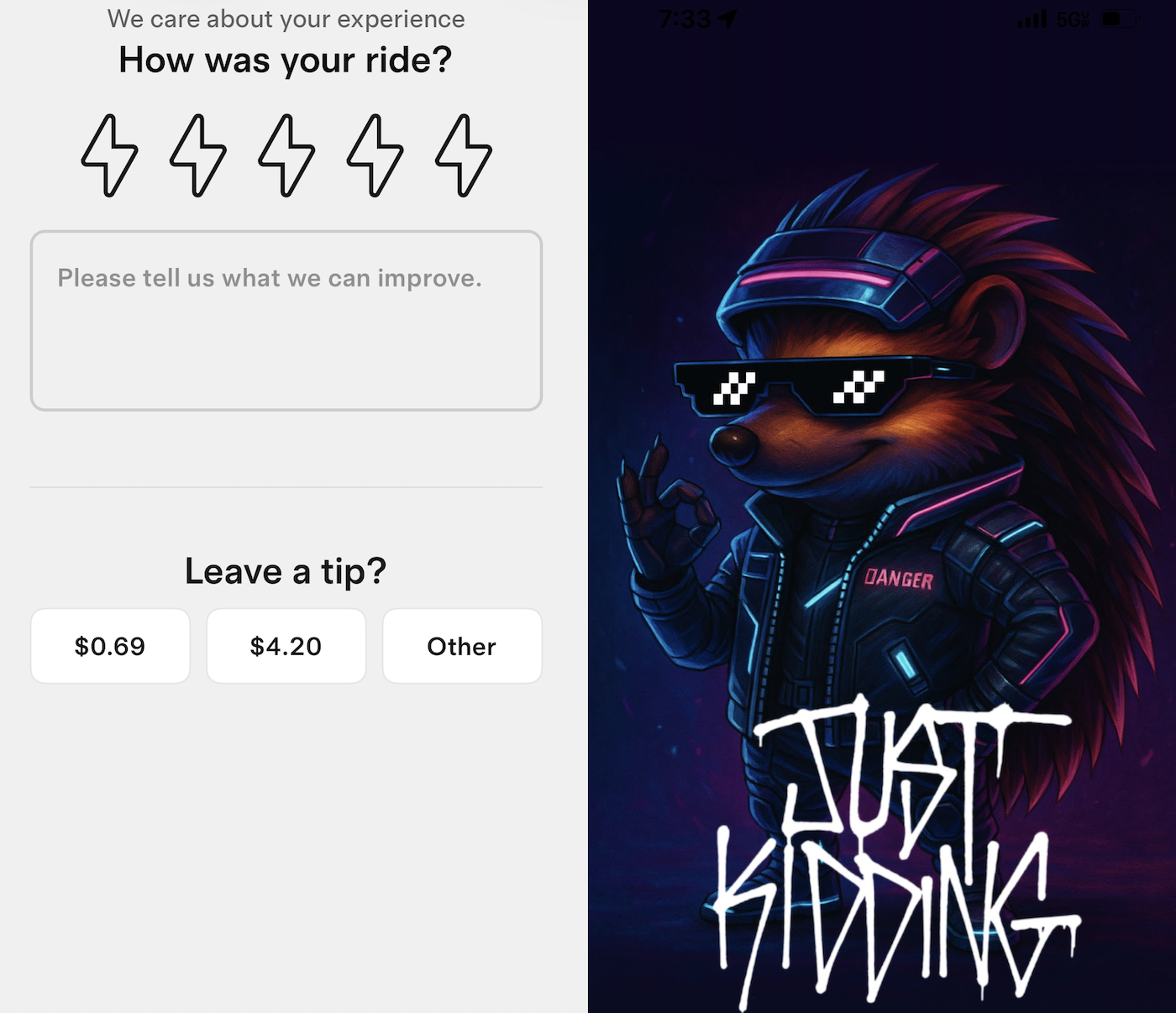 Side-by-side screenshots of what it’s like when you try and tip Tesla’s Robotaxi. 