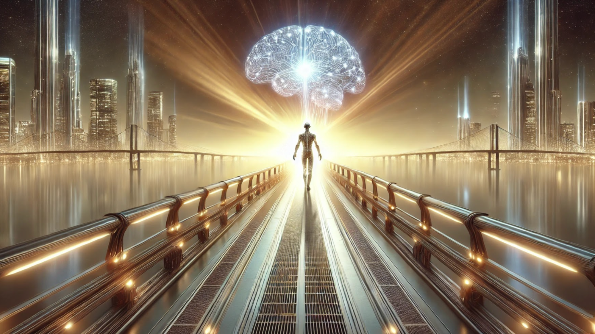 Person walking underneath digital brain