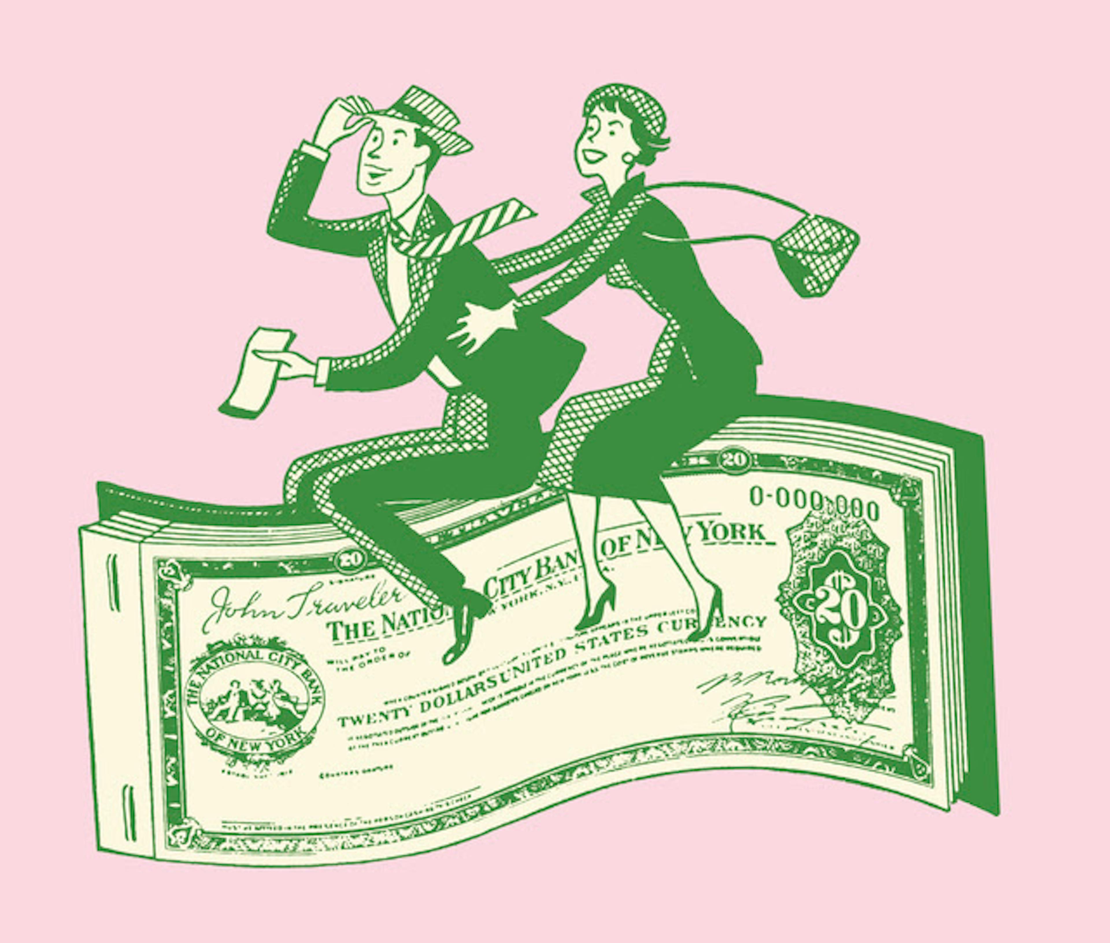 Cartoon of man and woman riding a dollar magic carpet 